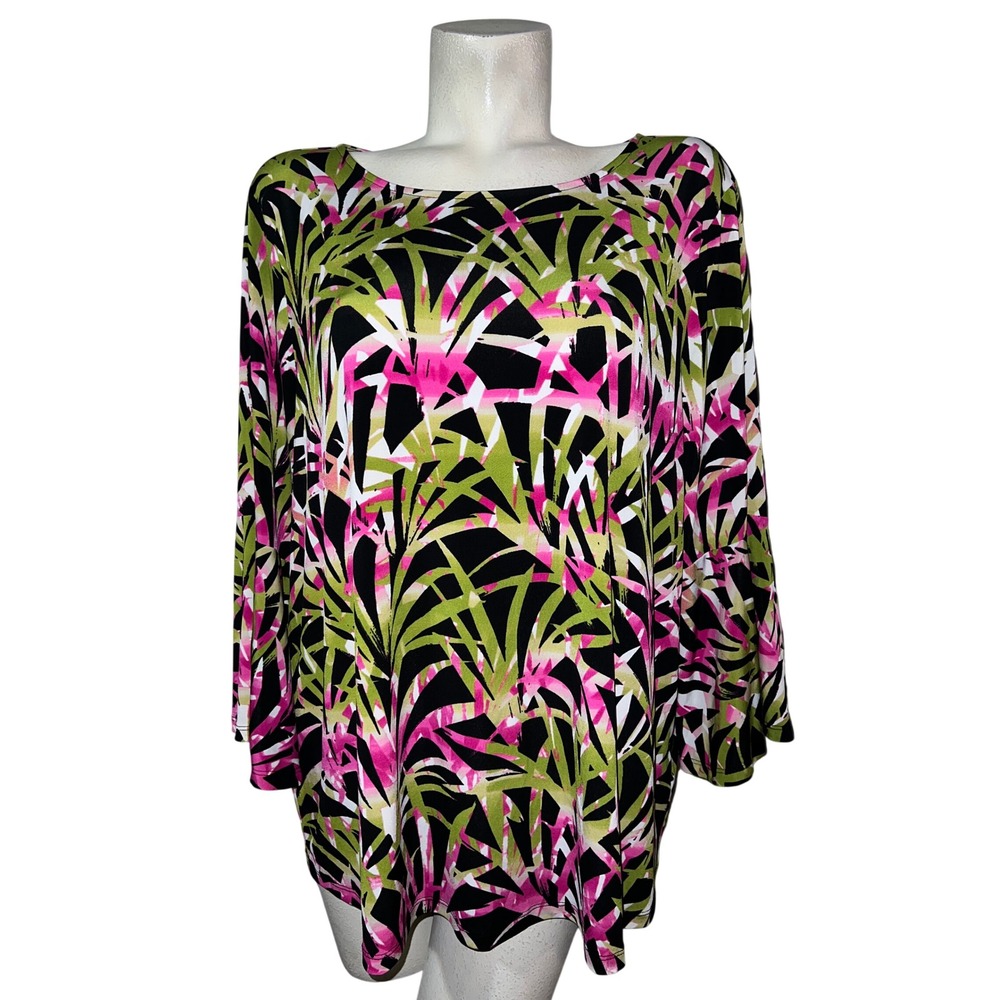 Kasper Womens Plus Sz 2X Tropical Palm Leaf Bell Sleeve Blouse Pink Green Black